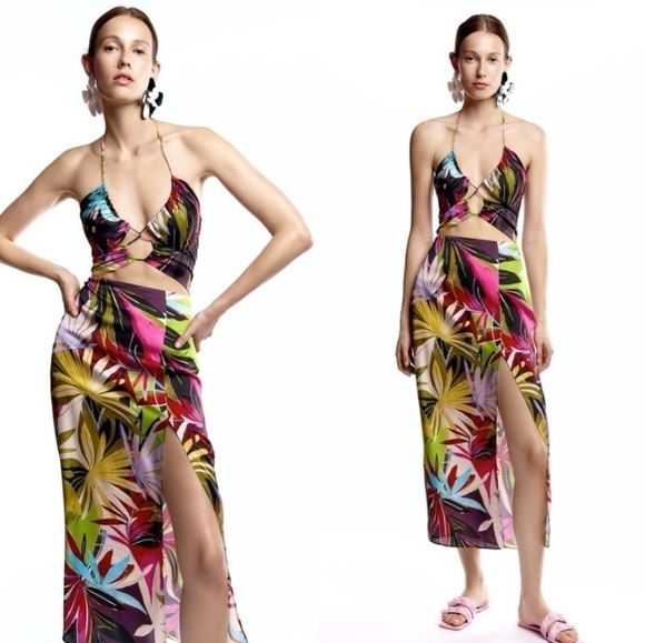 ZARA MULTICOLORED TROPICAL PRINT CUT OUT OPEN BACK DRESS SIZE S. - Picture 11 of 16